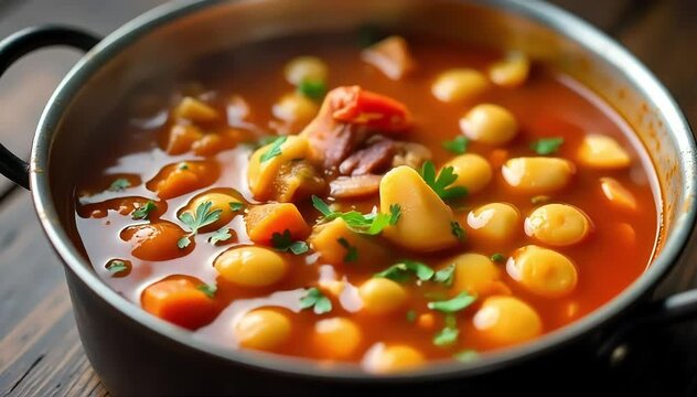 Spicy Mexican menudo soup simmering with tripe, hominy, and red chili broth in pot 