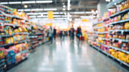 Fototapeta premium Modern supermarket interior with bright aisles filled with colorful products and blurred shopping customers moving