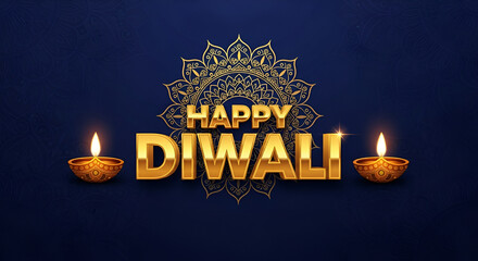 Golden text happy diwali with traditional mandala ornament and lit diyas on a dark background, symbolizing the festival of lights and prosperity