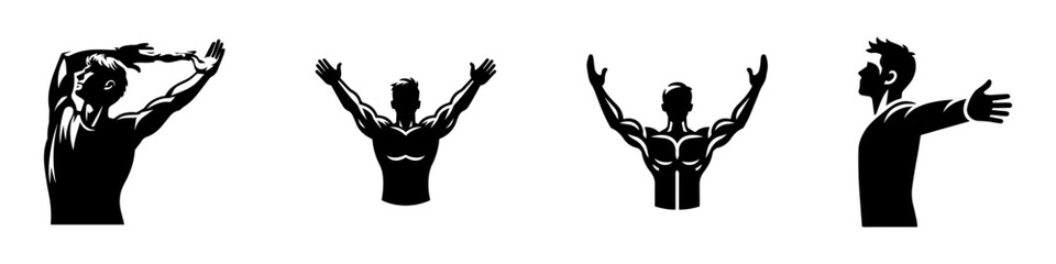 Modern Minimalist Man Stretching Arms Icon, Flat Silhouette of a Half-Body Figure Vector for Fitness Illustration Design
