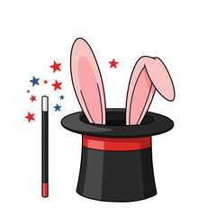 Magic Hat with Rabbit Ears and Wand Vector Illustration