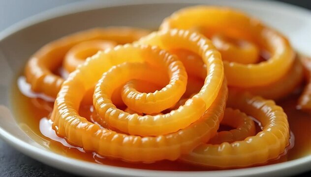 Spiral shaped jalebi sweets soaking in sugar syrup with glossy orange color glistening 