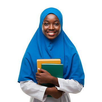 An Africa woman smiles holding books in hijab and white top on white or transparent background