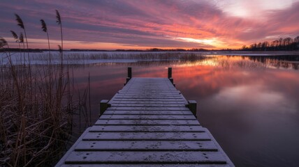 Fototapeta premium Wooden pier leading into a calm lake at sunrise with vibrant orange and pink clouds reflecting on the waters surface