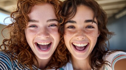 Fototapeta premium Two smiling young women taking a mirror selfie.