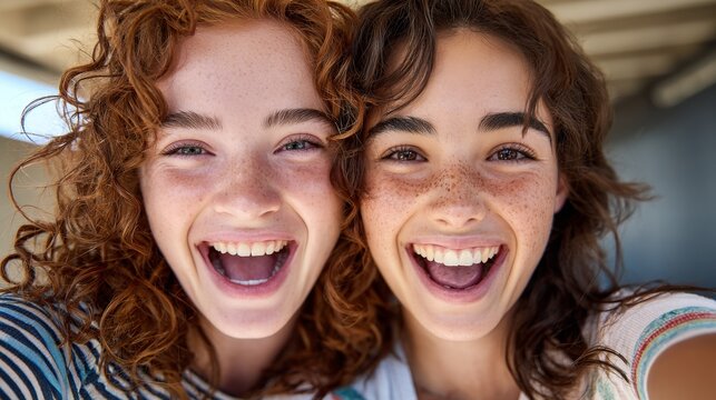 Two smiling young women taking a mirror selfie. - Powered by Adobe