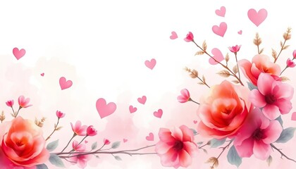 Fototapeta premium Soft watercolor wash, delicate hearts & leaves, romantic floral design, art, muted