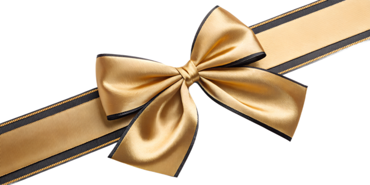 Gold Satin Ribbon with Black Edges – Elegant Bow PNG, Transparent Background, Luxury Decoration