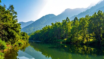 Obraz premium Close-up of scenic river with lush greenery and mountain view