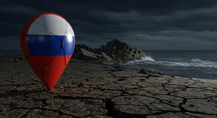 Cracked Russia globe on parched earth with ruined building near stormy sea