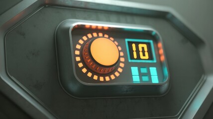 Closeup of a futuristic digital control panel with a glowing orange dial and a digital display showing the number 10, set against a dark, textured background