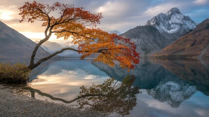 A solitary, gnarled tree with vibrant orange and red autumn foliage leans over a calm lake, reflecting the colorful leaves and snowcapped mountains under a dramatic sky