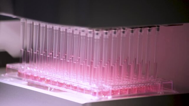 Close-up detailed view of  a laboratory pipette machine transferring equal volumes of liquid into multiple identical small flasks &mdash; perfect for themes of automation, precision, science