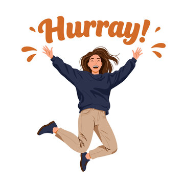 Woman jumping with &ldquo;Hurray!&rdquo; text isolated on transparent background