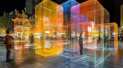 Colorful illuminated glass structures create vibrant urban art installation at night, with people interacting and observing. scene is lively and futuristic, blending technology and creativity
