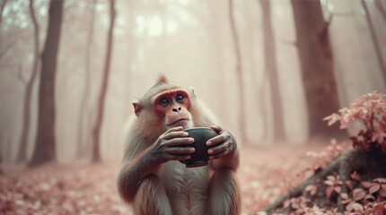 monkey drinking out of a bowl in the forest