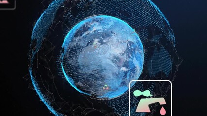 Rotating globe with pulsing mesh driving icon animations and CO² bars fluctuating for emission data - Powered by Adobe