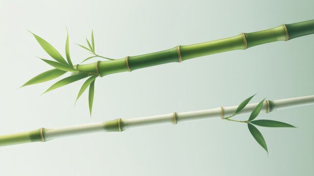 Two stalks of bamboo with green leaves, one vibrant and the other paler, against a soft, gradient background