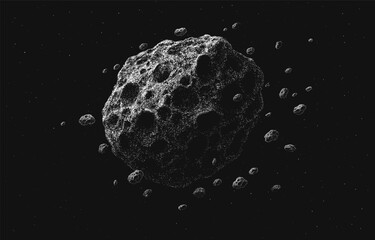 Asteroid floating in outer space, surrounded by smaller fragments held together by its gravity. Stippling style vector artwork, suitable for astronomy, astrophysics and science fiction projects