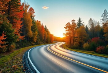 Naklejka premium Empty asphalt road curves through vibrant autumn forest at sunset, empty, country