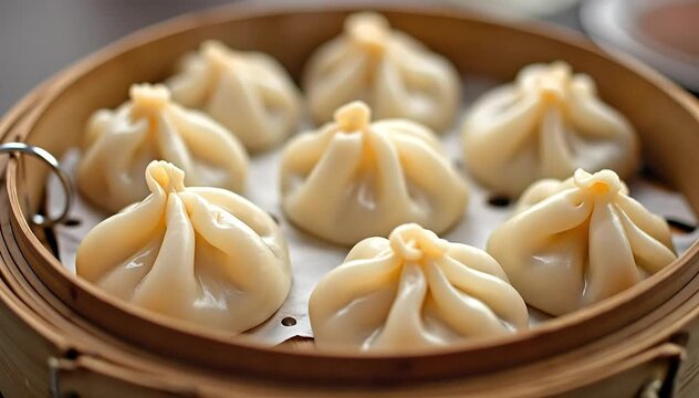 Steamed shrimp har gow dumplings arranged neatly in bamboo steamer with translucent pleated wrappers 