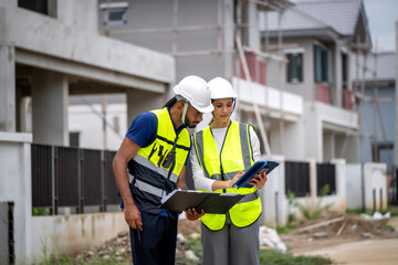Project manager women and civil engineer wearing safety vests and helmets inspect a housing...