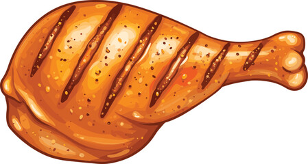 Cartoon grilled chicken drumstick, golden-brown texture, spicy seasoning, glossy surface, food illustration, tasty snack, barbecue meat, culinary design, icon