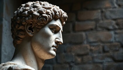 Close up profile of ancient marble statue head, male figure with curly hair, weathered cracks. Museum gallery setting, blurred brick wall. Classic art piece, history, culture, timeless sculpture.