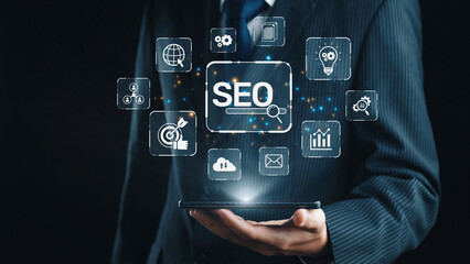 SEO concept for improving SEO visibility, with SEO related digital tools and SEO performance icons shown in an focused layout for strategic marketing. Elide