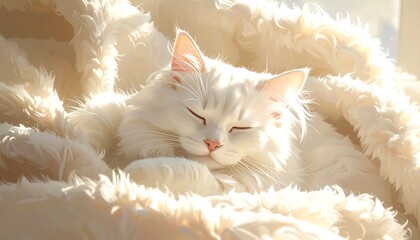 A serene white cat rests peacefully nestled within a soft, fluffy blanket, bathed in warm sunlight.