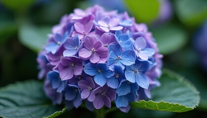 Close-up of a vibrant purple and blue hydrangea flower head. Delicate petals form a spherical cluster against soft green leafy background. Natural beauty detail.