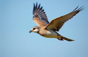 Obraz premium Bird in flight against blue sky. A single bird soars effortlessly displaying wings. Wildlife scene features avian creature. Natural background with copy space. Ornithology subject. Freedom and motion.