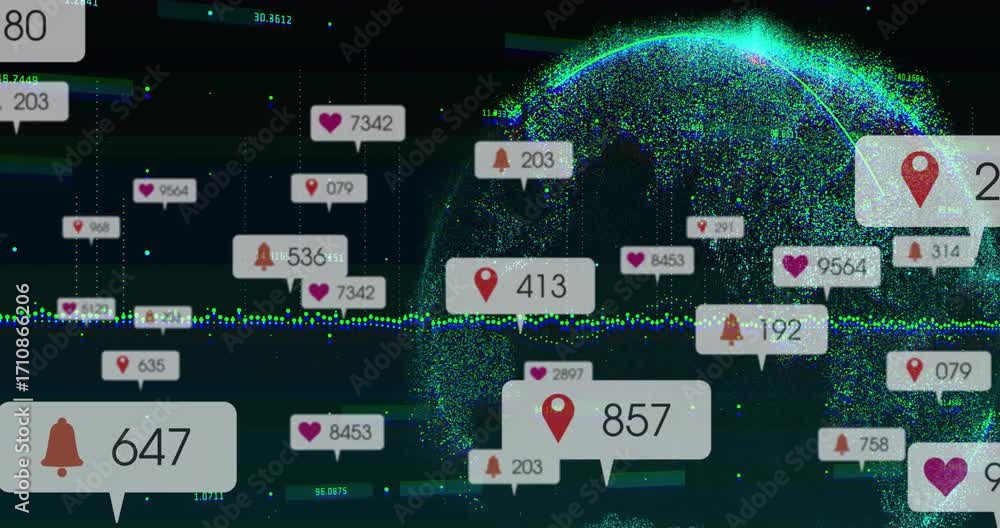 Poster opening canvas activating waveform as globe rotating and icons updating counts for metrics display
