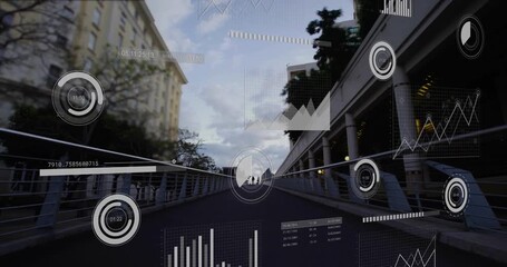 Translucent HUD pulsing then tracking pedestrians walking across bridge to show foot traffic - Powered by Adobe