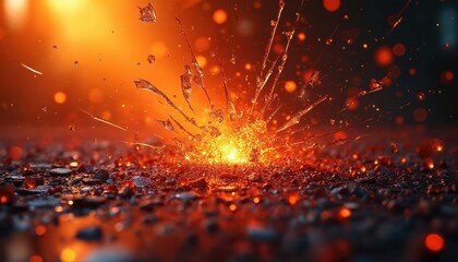 Energetic burst in shades of orange. Explosion of light. Shards of glass fly outwards. Abstract presentation of impact. Intense warm colors create visual effect for destruction concept. Forceful
