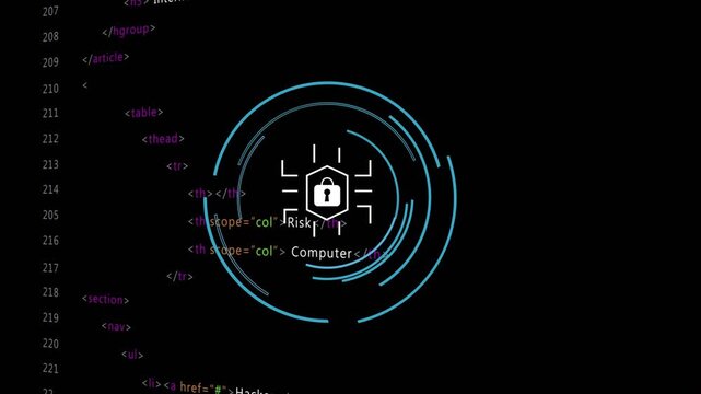 Code display activating circular cybersecurity infographic visualizing lock icon and code scrolling