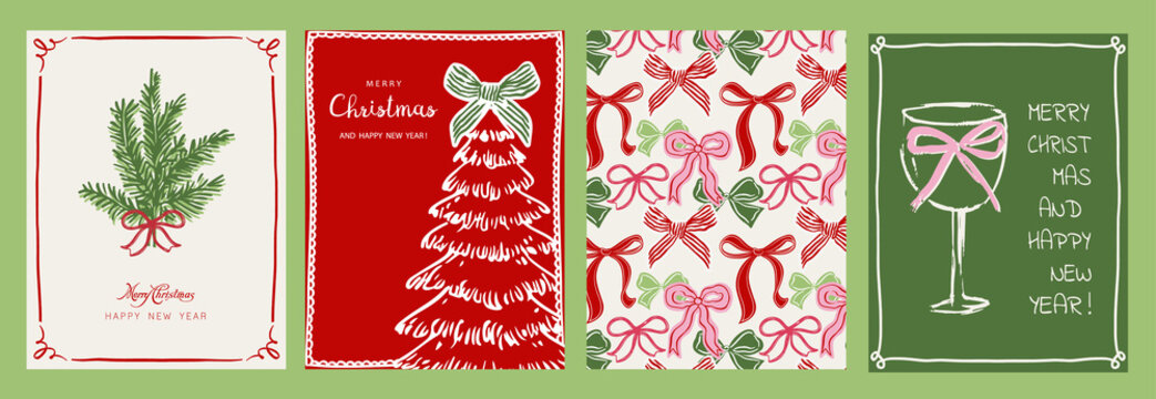 2026 Merry Christmas and Happy New Year greeting cards templates. Whimiscal bows and frames. Vector illustrations for posters, banners, backgrounds or greeting cards.