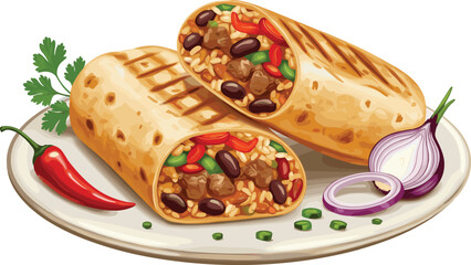 Grilled burritos with rice and beans, Mexican food plate, spicy garnish, colorful ingredients, tortilla wrap, delicious meal, culinary texture