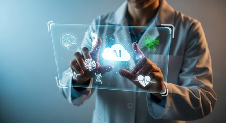 Doctor interacting with futuristic medical hologram display showing health data and cloud storage