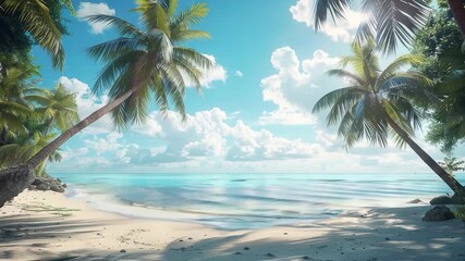 A beautiful sandy beach with palm trees and sun shining down, perfect for a relaxing vacation or a family outing