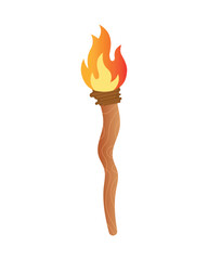 Burning wooden torch with realistic flame. Symbol of light, survival, adventure, freedom, leadership, and guidance. Perfect for camping, tribal, jungle, olympic, and motivational design themes.