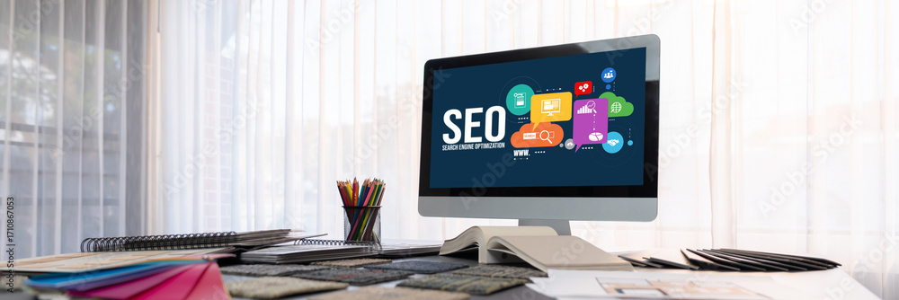 Poster seo search engine optimization for brisk e-commerce and online retail business showing on computer s