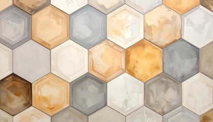 A close-up view of a decorative wall or floor featuring a repeating pattern of multicolored hexagonal tiles.