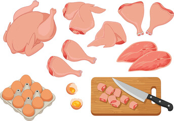 Raw chicken, beef steak, eggs, meat cuts, food ingredients, protein sources, kitchen prep, cooking concept, butcher board, culinary illustration