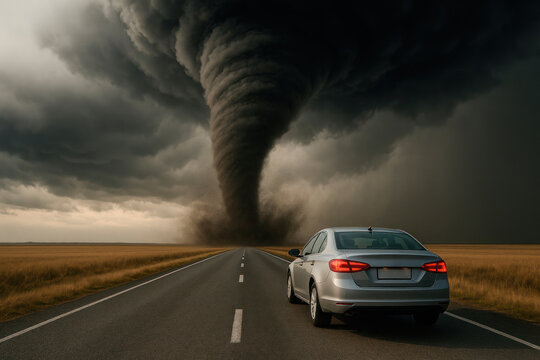 The car is driving straight towards a huge hurricane.