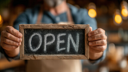 Open sign chalkboard held by barista in cozy cafe, warm bokeh lights, small business welcomes customers with friendly vibe opening scene