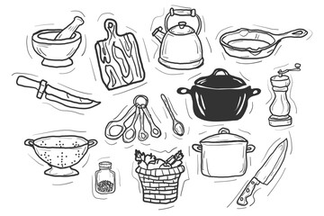 Hand drawn vintage cooking icon set in a rustic sketch style