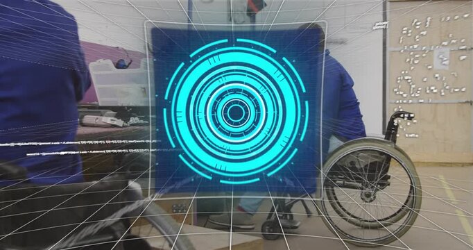 Code streams flooding tech lab hologram HUD guiding wheelchair user lifting tripod under 6G overlay