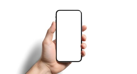 Close-Up of Hand Holding Smartphone with Blank White Screen on Clean Background