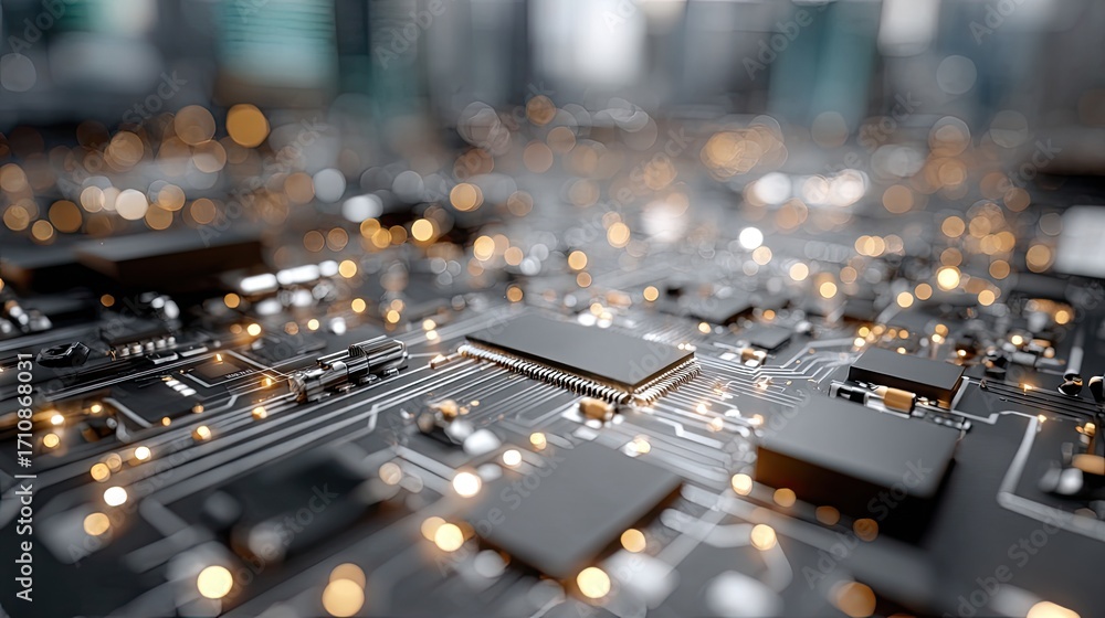 Poster detailed circuit board features a prominent chip and complex pathways with a clean, crisp background